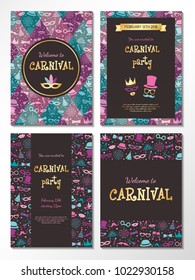 Collection of Carnival Party invitations. Colourful cards with funny texture. Vector.
