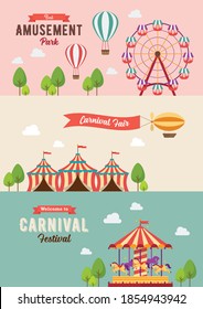 Collection of Carnival theme banners. Vector illustration. Flat style design, Amusement park, circus and fun fair theme set, carousels, hot air balloon