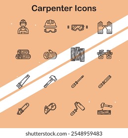 Collection of carpenter icons depicting woodworking tools and techniques suitable for construction and craftsmanship themes.