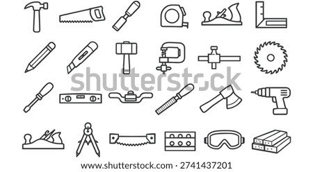 Collection of carpentry and construction tools in outline style