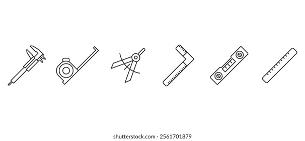 Collection of carpentry measuring tools icons. Carpentry equipment icon. Work tools. A set of work tools. Collection of repair and construction tools in line style vector illustration on transparent.