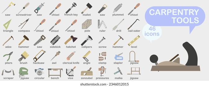 Colección de iconos de herramientas de carpintería. Iconos brillantes de color de una herramienta de carpintería con un título. Herramienta para taller de carpintería. Ilustración vectorial. EPS 10.