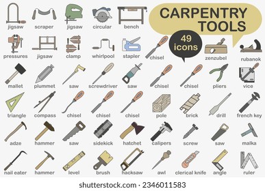 Collection of carpentry tools icons with stroke. Tool for a carpentry workshop with the name. Colored bright icons of carpentry tools. Vector illustration. EPS 10.