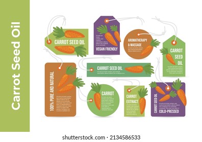 Collection carrot seed oil tag on rope different shape with place for text vector illustration. Advertising label alternative aromatherapy cosmetic vegetable organic product. Pure and natural extract