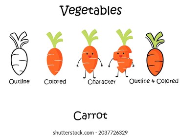 una colección de ilustraciones vegetales de zanahoria con tipo de diseño de contorno, color sin contorno, carácter y color con contorno