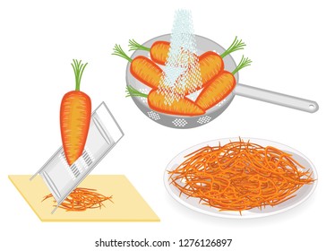 Collection. Carrots are washed in a colander under water, rubbed on a grater, Korean salad is prepared. Tasty dish. Dietary, vegetarian, wholesome food. Vector illustration set.