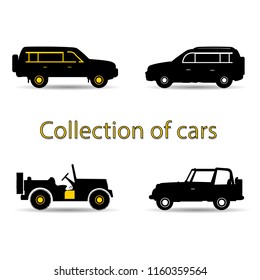 Collection of cars, black and yellow silhouette on white background, vector