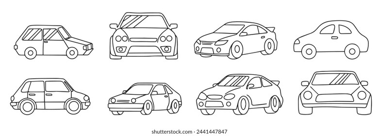 Colección de coches en estilo doodle. Dibujado a mano arte vector.