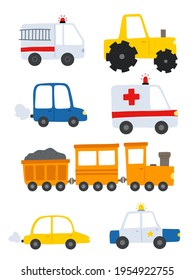 Collection of cars. Firefighter, police, ambulance, train. Set of modern illustrations.