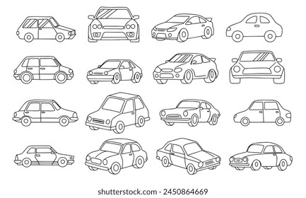 Collection of cars isolated on transparent background. Hand drawn vector art.