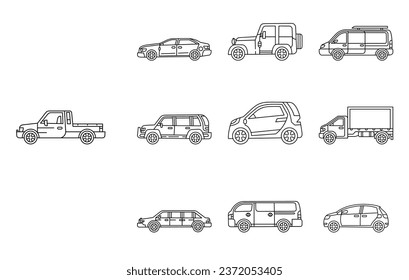 Collection of cars line art icon vector