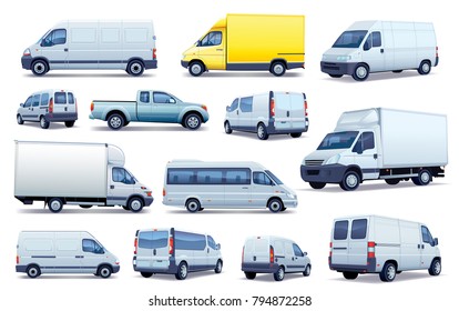 Collection of cars. Set of black and white cars. Collection of various passenger cars and delivery trucks.