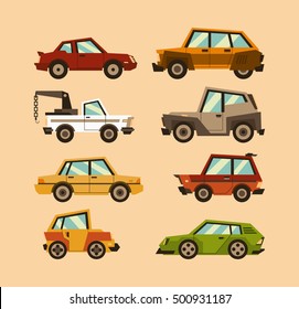 Collection cars. A set of machines in a variety of car bodies. Nice colors, cartoon style. Family cars, fast cars. Vector illustration, flat style