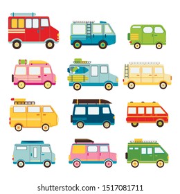 Collection of cars for travel isolated on white background. Comfortable transport. Camping, road trip, van life movement. Vector illustration in flat design style.