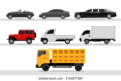 Collection of cars vector illustration in flat style. Sedan, truck, spyder, limousine, box car, convertible, pickup, rally.