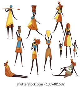 Collection of cartoon african women on white background.