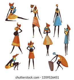 Collection of cartoon african women on white background.