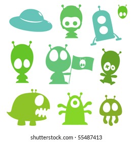 Collection of cartoon aliens, monsters and spaceships