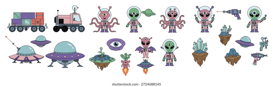 Sammlung von Cartoon Aliens Raumschiffe und Science-Fiction-Objekte