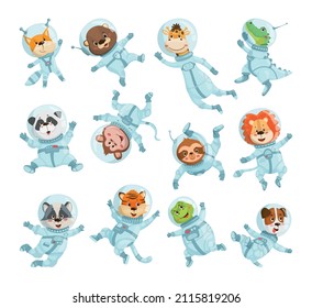 Collection of cartoon animal astronauts in weightlessness. Funny characters in space suits.