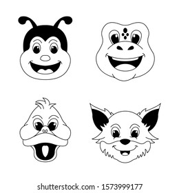 Collection of cartoon animal face with black and white colour