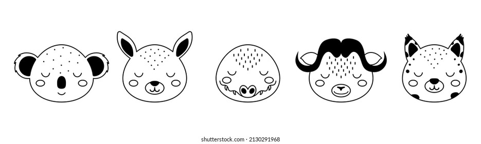 Collection of cartoon animal faces in scandinavian style. Cute animals for kids t-shirts, wear, nursery decoration, greeting cards. Black and white koala, kangaroo, crocodile, musk ox, lynx.