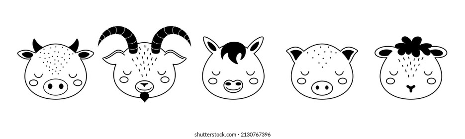 Collection of cartoon animal faces in scandinavian style. Cute animals for kids t-shirts, wear, nursery decoration, greeting cards. Black and white cow, goat, horse, pig, sheep.