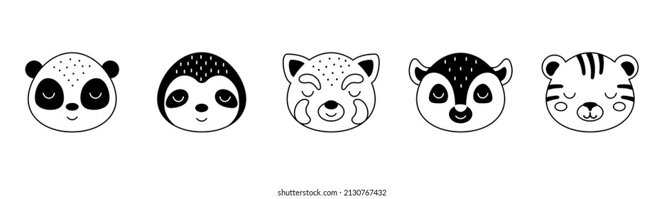 Collection of cartoon animal faces in scandinavian style. Cute animals for kids t-shirts, wear, nursery decoration, greeting cards. Black and white panda, sloth, red panda, lemur, tiger.