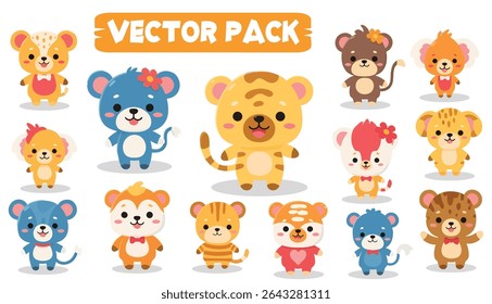 Collection of cartoon animals including bears, tigers, koalas, and monkeys, each with unique colors, patterns, and accessories like bows and flowers.