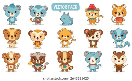 Uma coleção de animais de desenho animado, incluindo ursos, gatos e um rato, renderizado em um estilo de arte vetorial bonito e estilizado.