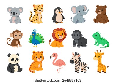 Uma coleção de animais de desenho animado incluindo um panda, um tigre, um pinguim, uma girafa, uma zebra, um canguru, um macaco, um pavão, um pinguim, uma girafa, um canguru,