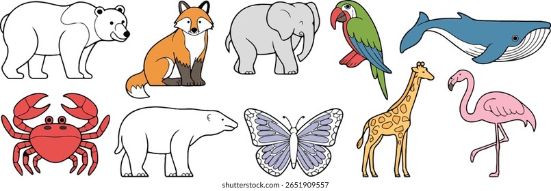 Uma coleção de animais de desenho animado incluindo um urso polar, raposa, elefante, papagaio, baleia, caranguejo, borboleta, girafa e flamingo, todos isolados em um fundo branco.