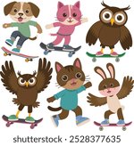 A collection of cartoon animals on a skateboard with a cartoon rabbit pig panda dog zebra fox cat bunny fox bear kangaroo penguin giraffe