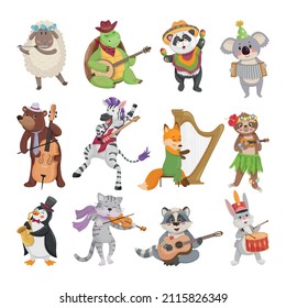 Collection of cartoon animals playing musical instruments.