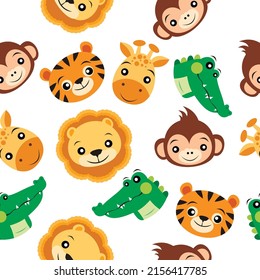 Colección de animales de dibujos animados y patrones sin fisuras. Vector de colección de animales de dibujos animados salvajes. Gran conjunto de animales de la jungla de dibujos animados con ilustraciones planas vectoriales. Cocodrilo, lagarto, tigre, jirafa, lio