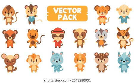 A collection of cartoon animals in a vector pack, featuring a variety of stylized and colorful animal characters in different poses and outfits.