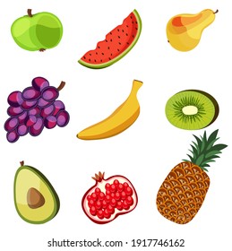 Collection of cartoon apple, pineaplle, water mellow, grapes, pear, avocado, kiwi, banana, pomegranate stikers