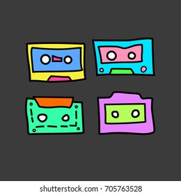 Collection of cartoon audio cassettes from the 1980s, 1990s. Great for typography, textiles, interior design. Vector illustration