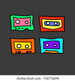 Collection of cartoon audio cassettes from the 1980s, 1990s. Great for typography, textiles, interior design. Vector illustration