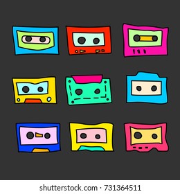 Collection of cartoon audio cassettes from the 1980s, 1990s. Great for typography, textiles, interior design. Vector illustration