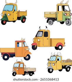 A collection of cartoon auto rickshaws, each uniquely colored and adorned with horns, set against a clean white background.
