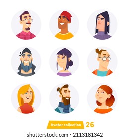 Collection Of Cartoon Avatars. Vector Isolated Heads Of Men And Women. Teenagers And Adults With Beard And Glasses.