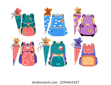 Collection of cartoon backpacks for students, children with traditional german school or candy cones.Back to school colorful set.Flat style vector illustration on white background.