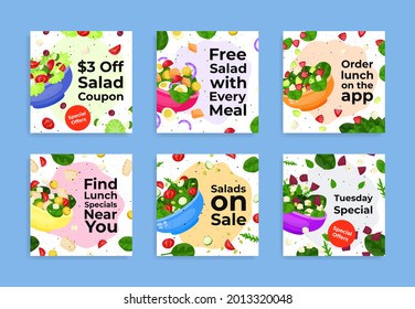 Collection of cartoon banner templates with salad special offers vector flat illustration. Set of squared advertising menu sale of vegetarian food at cafe restaurant. Promo discount healthy meal