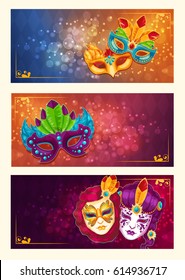 Collection of cartoon banners with venetian painted carnival facial masks for a party decorated with feathers and rhinestones