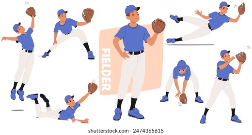 Collection Of Cartoon Baseball Fielder In Multiple Poses And Actions. Male Player Character In Blue Uniform In Various Stances, Catching, Throwing, And Fielding The Baseball. Vector Illustration