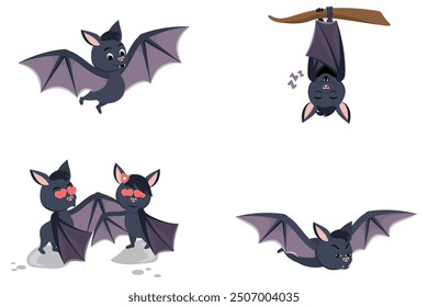 Collection of cartoon bat. Cute cartoon character hanging upside down on a branch, flying, in love. Halloween vector illustration.