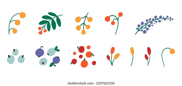 Collection of cartoon berries isolated on white background. Colorful berries with leaves. Collection of decorative design elements. Flat vector illustration.