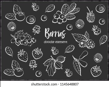 Collection of cartoon berries on chalkboard background. Vector illustration. Set of berry icons. Isolated. Web icon hand drawn in doodle style. Design elements.