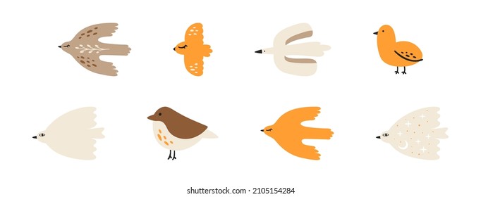Collection of cartoon birds isolated on white background. Set of flying and sitting abstract birds. Collection of decorative design elements. Flat vector illustration.